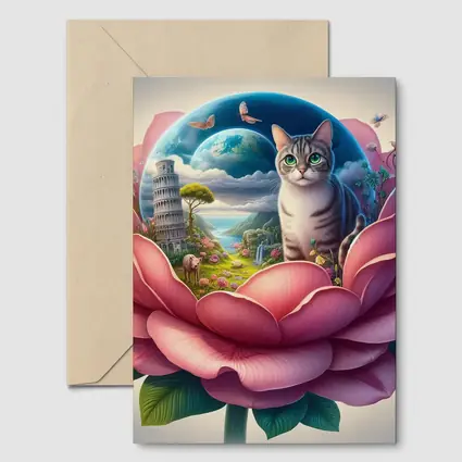 Gray Cat Sitting Inside Giant Pink Peony