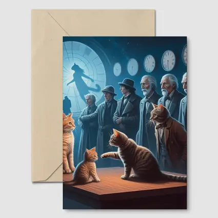 Cats and Elders Clocks Surreal Fantasy Scene