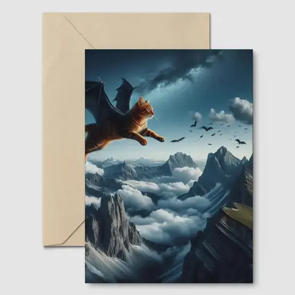 Orange Tabby Cat Bat Wings Mountain Sky