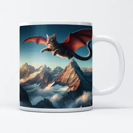Dragon Wings Cat Flying Over Mountains