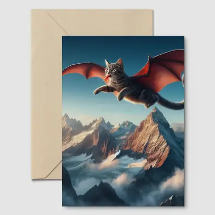 Dragon Wings Cat Flying Over Mountains