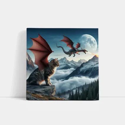 Winged Cat Dragon Mountains Moon Fantasy