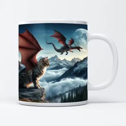 Winged Cat Dragon Mountains Moon Fantasy