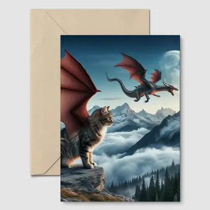 Winged Cat Dragon Mountains Moon Fantasy