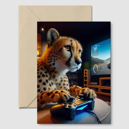 Cheetah Gaming With Controller Cozy Room