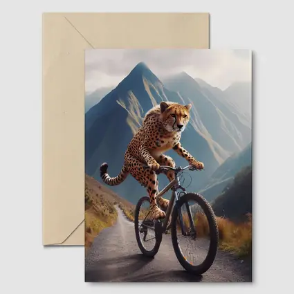 Cheetah Riding Bicycle Mountain Road