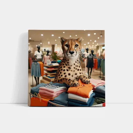 Cheetah Sitting on Folded Clothes Fashion Store