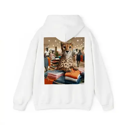 Cheetah Sitting on Folded Clothes Fashion Store
