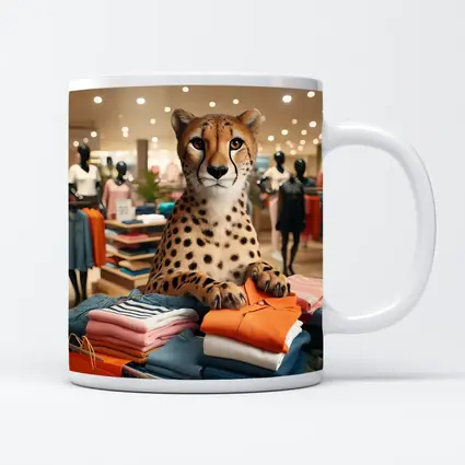 Cheetah Sitting on Folded Clothes Fashion Store
