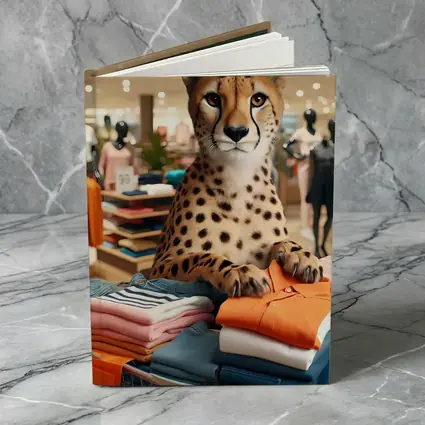 Cheetah Sitting on Folded Clothes Fashion Store