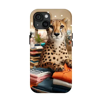 Cheetah Sitting on Folded Clothes Fashion Store