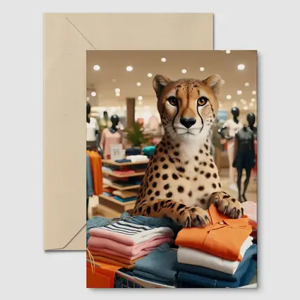 Cheetah Sitting on Folded Clothes Fashion Store