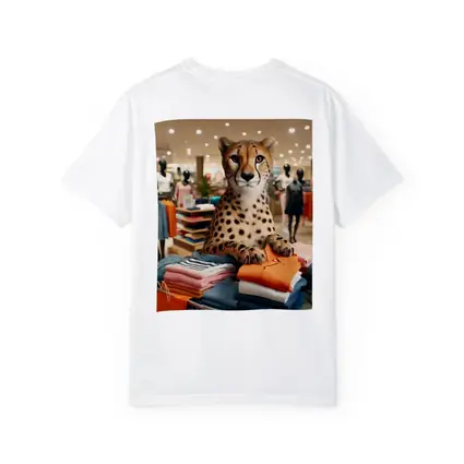 Cheetah Sitting on Folded Clothes Fashion Store