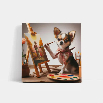 Chihuahua Artist Painting on Easel Studio