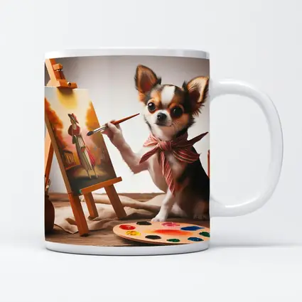 Chihuahua Artist Painting on Easel Studio