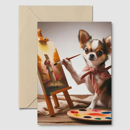 Chihuahua Artist Painting on Easel Studio