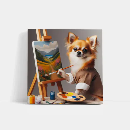Chihuahua Artist Painting Landscape On Easel