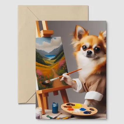 Chihuahua Artist Painting Landscape On Easel