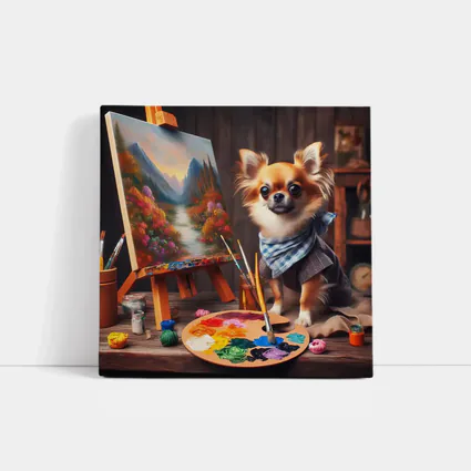 Chihuahua Artist Painting on Studio Easel