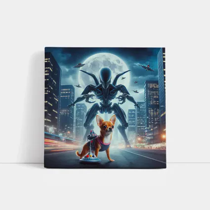 Chihuahua Hero Giant Alien City Night