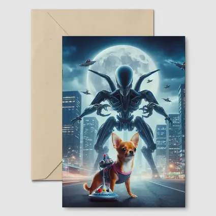 Chihuahua Hero Giant Alien City Night