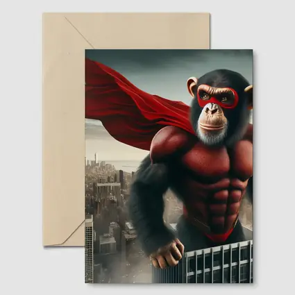 Superhero Chimp Red Cape City Skyline
