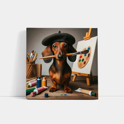 Dachshund Artist Wearing Beret With Paintbrush