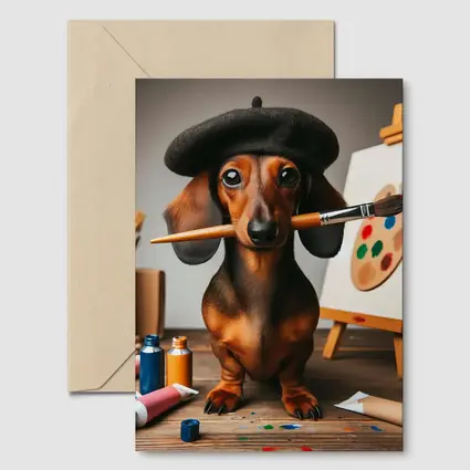 Dachshund Artist Wearing Beret With Paintbrush