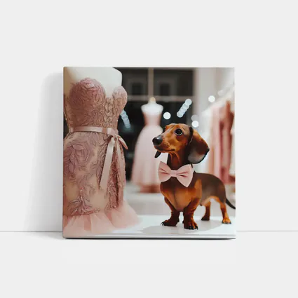 Dachshund With Pink Bow In Dress Shop