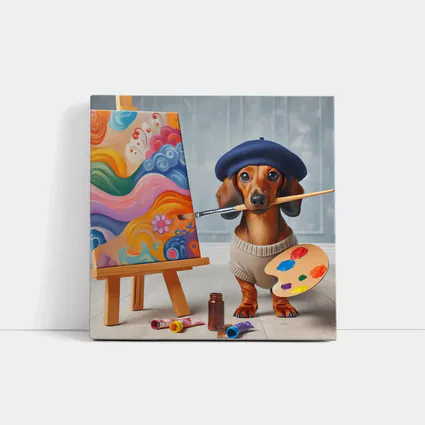Dachshund Artist Painter With Colorful Canvas