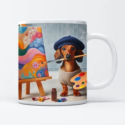 Dachshund Artist Painter With Colorful Canvas