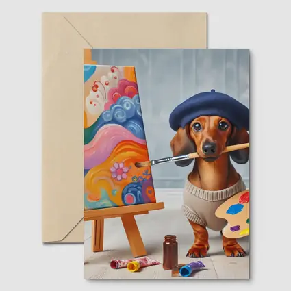 Dachshund Artist Painter With Colorful Canvas