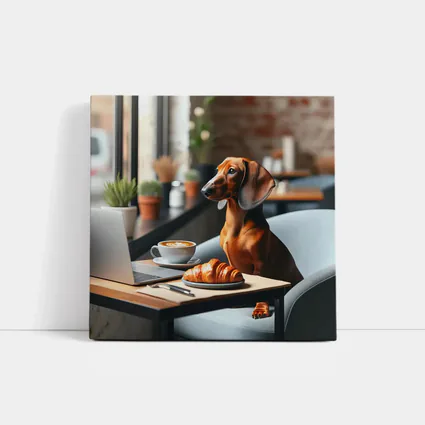 Dachshund Working Laptop Cafe Coffee Croissant