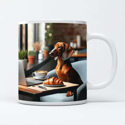 Dachshund Working Laptop Cafe Coffee Croissant