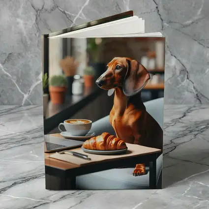 Dachshund Working Laptop Cafe Coffee Croissant