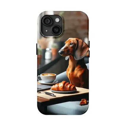 Dachshund Working Laptop Cafe Coffee Croissant