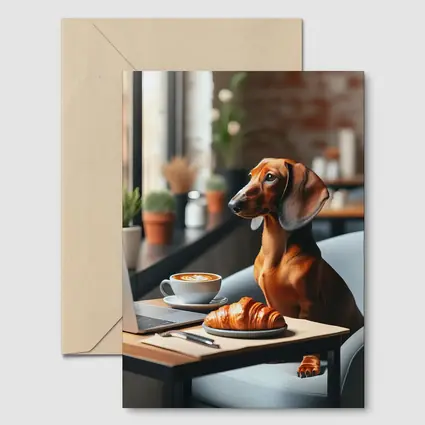 Dachshund Working Laptop Cafe Coffee Croissant