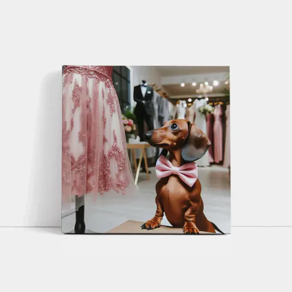 Dachshund With Pink Bow In Bridal Boutique
