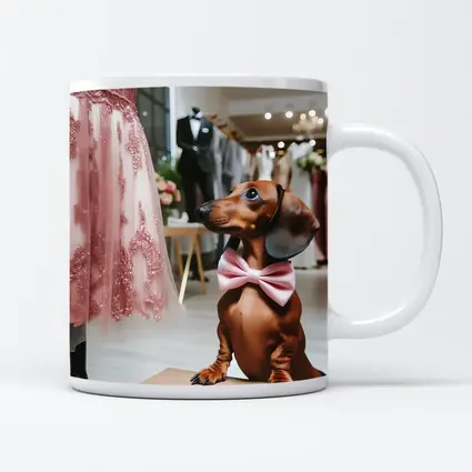 Dachshund With Pink Bow In Bridal Boutique