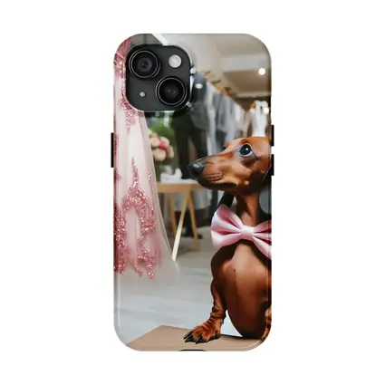 Dachshund With Pink Bow In Bridal Boutique