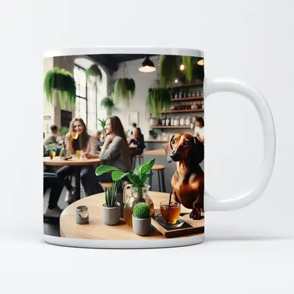 Dachshund Sitting In Cozy Cafe Interior