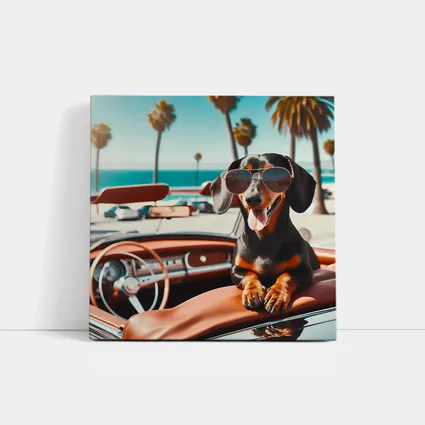 Dachshund Wearing Sunglasses in Convertible Car