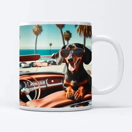 Dachshund Wearing Sunglasses in Convertible Car
