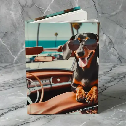 Dachshund Wearing Sunglasses in Convertible Car
