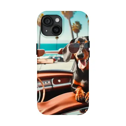 Dachshund Wearing Sunglasses in Convertible Car