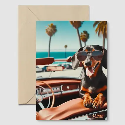 Dachshund Wearing Sunglasses in Convertible Car