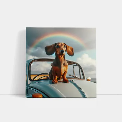 Dachshund Dog on Vintage Car Rainbow Sky