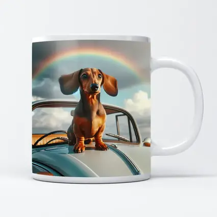 Dachshund Dog on Vintage Car Rainbow Sky