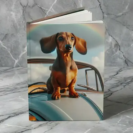 Dachshund Dog on Vintage Car Rainbow Sky