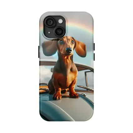 Dachshund Dog on Vintage Car Rainbow Sky